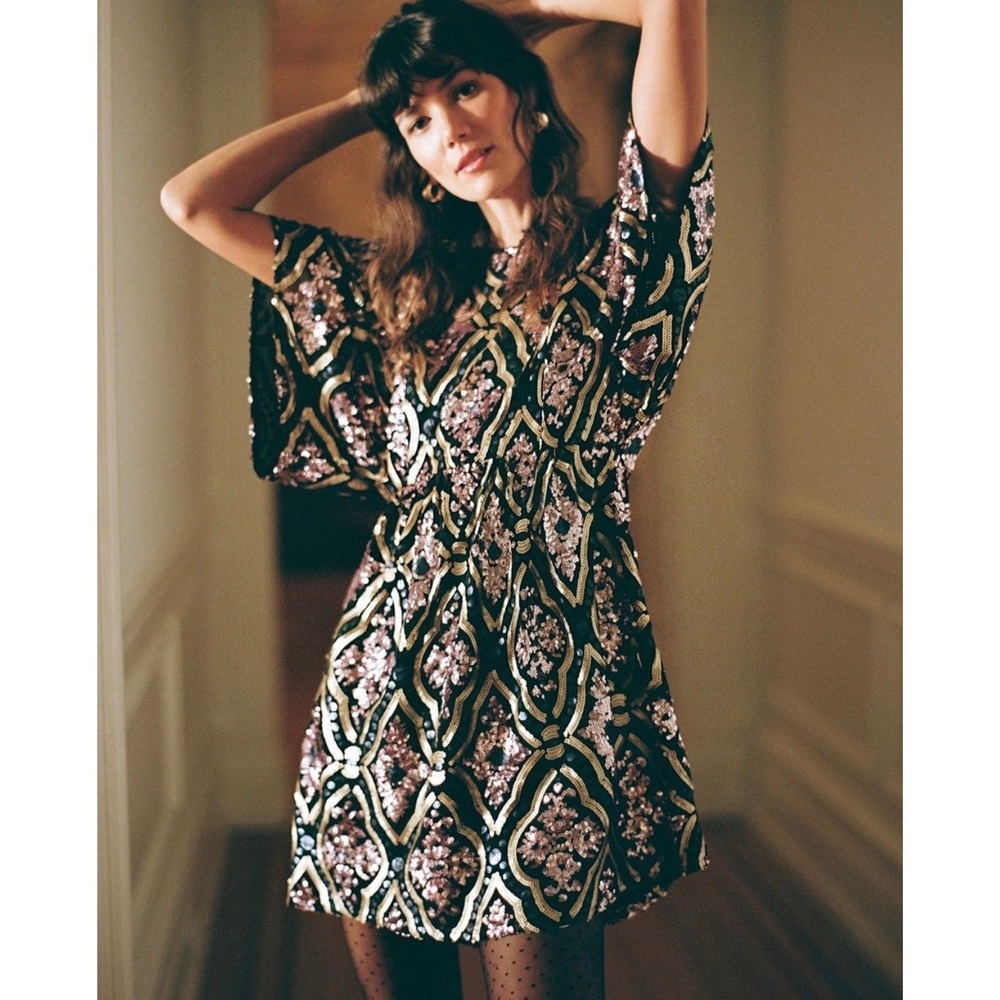 Anthropologie Amalia Sequin Damask Mini Dress Tunic Babydoll Black